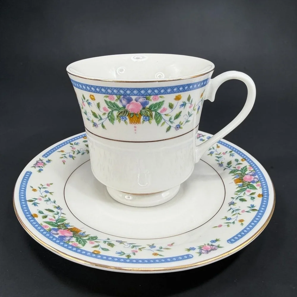 China Pearl Nancy 39042 Floral Tea Cup and Saucer Set Gold Trim Fine China Blue